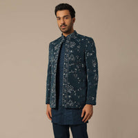 Teal Green Embroidered Silk Jodhpuri Set