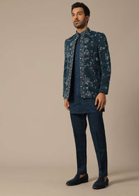 Teal Green Embroidered Silk Jodhpuri Set