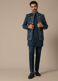 Teal Green Embroidered Silk Jodhpuri Set