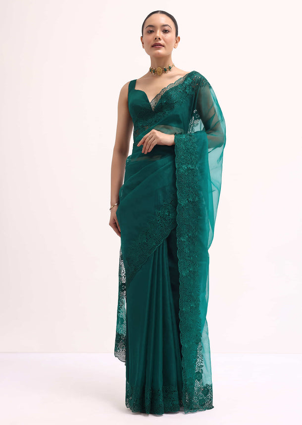 Teal Green Organza Saree With Unstitched Blouse