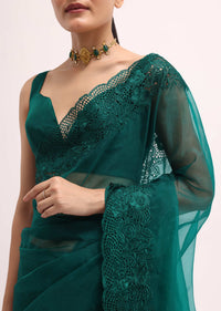 Teal Green Organza Saree With Unstitched Blouse