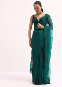 Teal Green Organza Saree With Unstitched Blouse