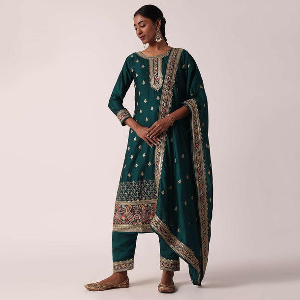 Teal Green Pant Set In Chanderi With Sequin Work