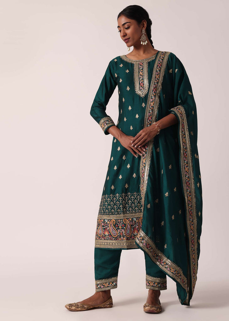 Teal Green Pant Set In Chanderi With Sequin Work