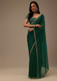 Teal Green Plain Organza Saree With Heavy Cut Dana Work