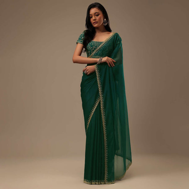 Teal Green Plain Organza Saree With Heavy Cut Dana Work