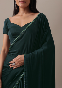 Teal Green Plain Saree And Stitched Blouse With Cut Dana Lace In Satin