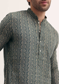 Teal Green Printed Cotton Kurta Set For Men