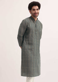 Teal Green Printed Cotton Kurta Set For Men