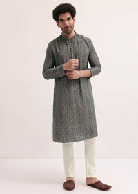 Teal Green Printed Cotton Kurta Set For Men