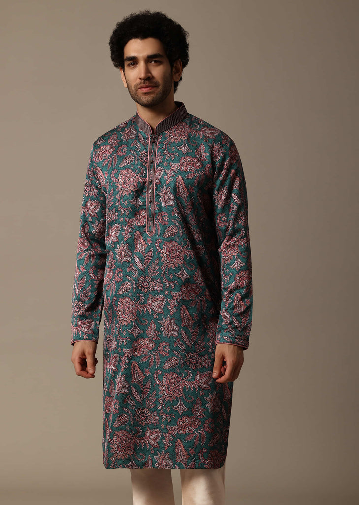 Teal Green Printed Silk Kurta Set For Men