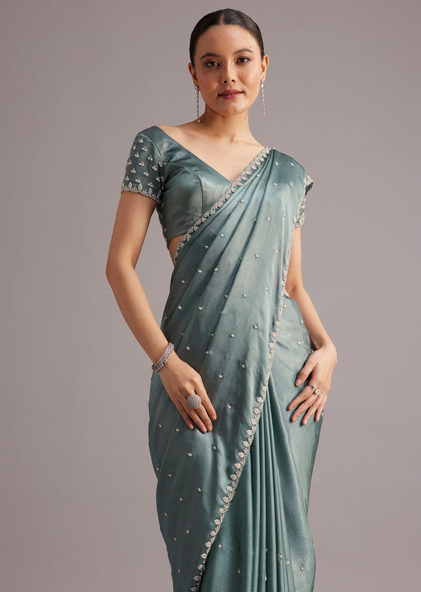 Teal Green Satin Saree Embroidered With Stones And Diamonds