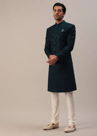 Teal Green Sherwani Set With Thread And Sequins Embroidery