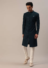 Teal Green Sherwani Set With Thread And Sequins Embroidery