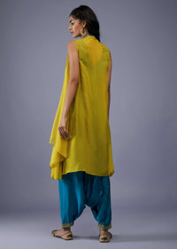 Peacock Green Silk Embroidered Dhoti Jumpsuit With Lime Green Organza Shrug