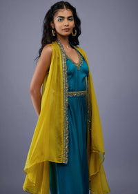 Peacock Green Silk Embroidered Dhoti Jumpsuit With Lime Green Organza Shrug