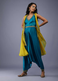 Peacock Green Silk Embroidered Dhoti Jumpsuit With Lime Green Organza Shrug