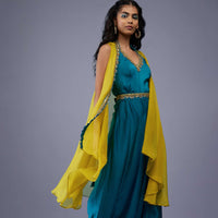 Peacock Green Silk Embroidered Dhoti Jumpsuit With Lime Green Organza Shrug
