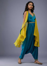 Peacock Green Silk Embroidered Dhoti Jumpsuit With Lime Green Organza Shrug