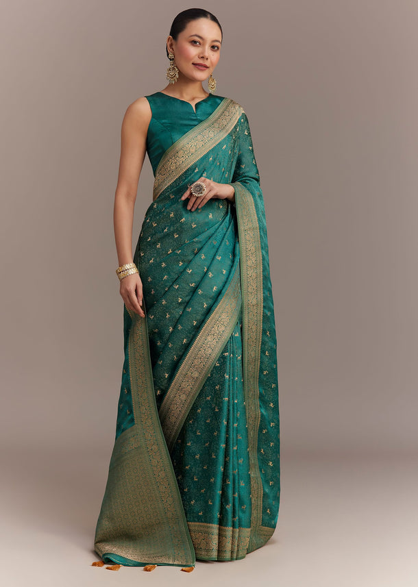 Teal Green Tissue Silk Saree With Zari Border Butti And Pallu