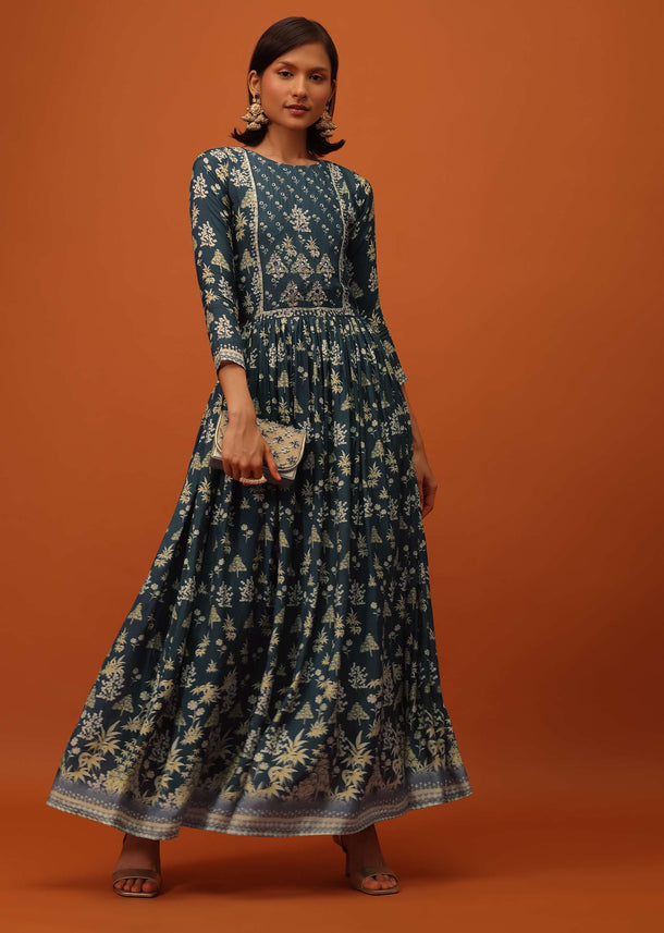 Teal Grey Embroidered Satin Kurti With Floral Print