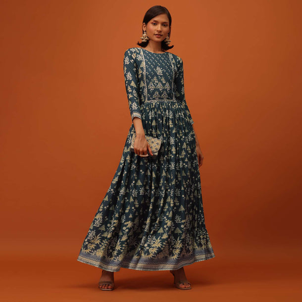 Teal Grey Embroidered Satin Kurti With Floral Print