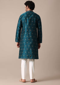 Teal Jacquard Embroidered Men Kurta Set