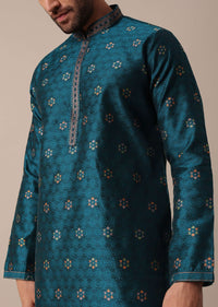 Teal Jacquard Embroidered Men Kurta Set