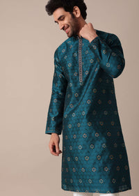 Teal Jacquard Embroidered Men Kurta Set