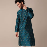 Teal Jacquard Embroidered Men Kurta Set