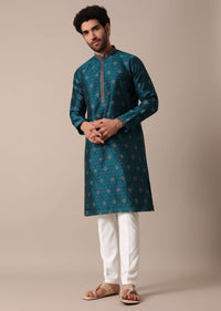 Teal Jacquard Embroidered Men Kurta Set