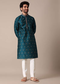 Teal Jacquard Embroidered Men Kurta Set