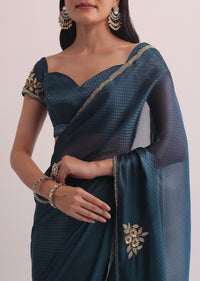 Teal Jacquard Saree With Cutdana Embellished Border