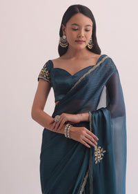 Teal Jacquard Saree With Cutdana Embellished Border