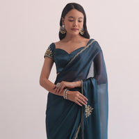 Teal Jacquard Saree With Cutdana Embellished Border