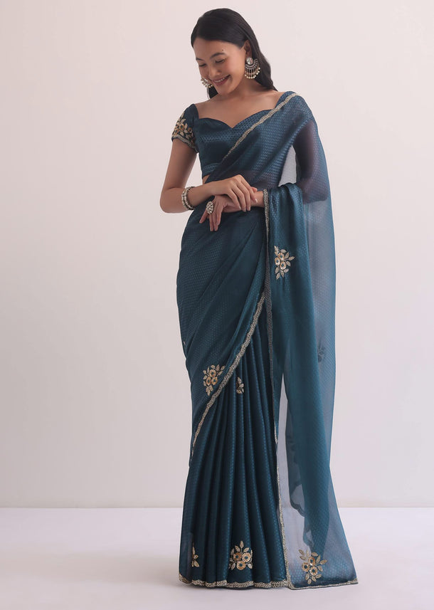 Teal Jacquard Saree With Cutdana Embellished Border
