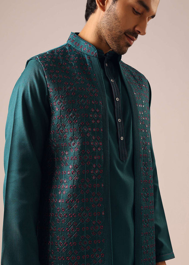 Teal Kurta Set with Front Open Jacket