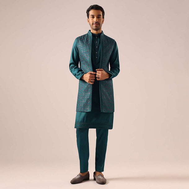 Teal Kurta Set with Front Open Jacket