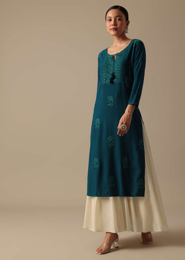 Teal Long Kurta With Lucknowi Work