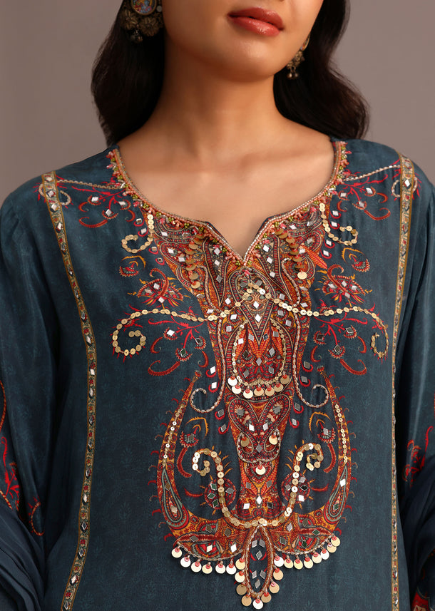Teal Printed Kurti Pant Set With Chiffon Dupatta