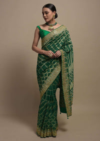 Teal Saree In Georgette With Bandhani Print And Weaved Jaal Work Online Kalki Fashion