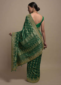 Teal Saree In Georgette With Bandhani Print And Weaved Jaal Work Online Kalki Fashion