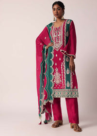 Teal Silk Pakistani Pant Set With Zari Work