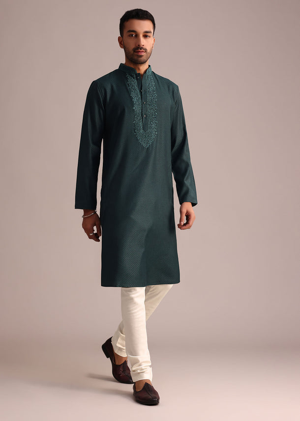 Teal Thread Hand Embroidered Kurta Set