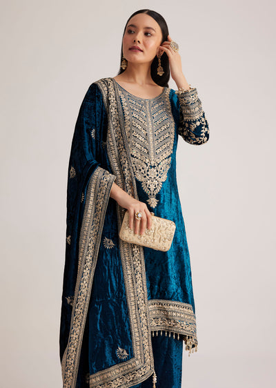 Teal Velvet Embroidered Palazzo Suit