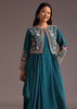 Teal Zardosi Embroidered Dhoti Style Gown With Jacket