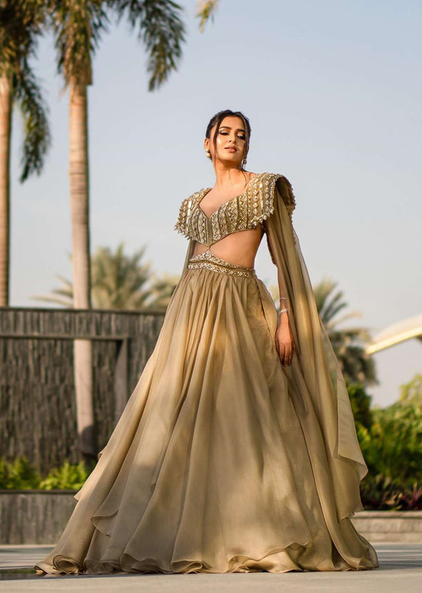 Champagne Gold Akasia Gown With Tassel Wing Cape Sleeves - NOOR 2022