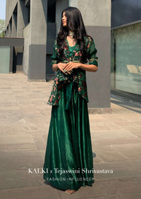 Bottle Green Floral Wrap Top With Embroidered Belt And Gajji Silk Flared Palazzo