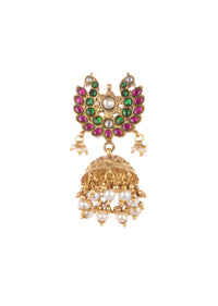 Temple Style Gold Finish Jhumkas With Pearls And Meenakari Work