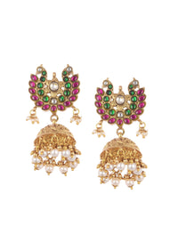 Temple Style Gold Finish Jhumkas With Pearls And Meenakari Work